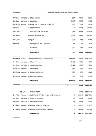 Presupuesto Instalaciones y puesta en marcha de un secadero de jamones
139
O01OA0 Mano de h. Oficial primera 0,31 13,79 4,275
O01OA0 Mano de h. Ayudante 0,095 12,52 1,189
A02A050 Auxiliar m3MORTERO CEMENTO 1/3 M-160 0,02 70,9 1,418
O01OA0 h. Peón ordinario 1,7 11,93 20,281
P01CC02 t. Cemento CEM II/A-P 32,5 0,44 82,94 36,494
P01AA02 m3Arena de río 0/6 mm. 0,975 13,58 13,241
P01DW0 m3Agua 0,26 0,63 0,164
M03HH0 h. Hormigonera 200 l. gasolina 0,4 1,8 0,72
A02A050 0,02 70,9 1,418
E08PFA010 432 7,088 3062,016
E27SO01 Partida m2PINTURA EPOXI S/HORMIGÓN 4.780,36 6,873 32855,41
O01OB2 Mano de h. Oficial 1ª pintura 0,122 13,76 1,679
O01OB2 Mano de h. Ayudante pintura 0,122 12,59 1,536
P25MT03 Material l. Catalizador 0,25 6,62 1,655
P25RO04 Material kg Pint.epoxi (2 comp.) 0,25 6,58 1,645
P25WW2 Material ud Pequeño material 0,2 0,79 0,158
E27SO010 4.780,36 6,873 32855,41
8 38902 38901,61
9Capítulo CARPINTERÍA 55885 55885,46
E14AMP Partida ud PUERTA ENTRADA ALUM-MAD. 100x210 7 748,15 5237,071
O01OB1 Mano de h. Oficial 1ª cerrajero 0,4 13,86 5,544
O01OB1 Mano de h. Ayudante cerrajero 0,2 13,04 2,608
P12AMP Material ud P.ent.al.-mad.1h. 100x210 1 576,37 576,37
P12AMM Material ud Prem.y solapa al.-mad. 100x210 1 141,84 141,84
E14AMP010 7 748,15 5237,071
 