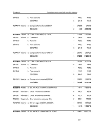 Presupuesto Instalaciones y puesta en marcha de un secadero de jamones
147
O01OA0 h. Peón ordinario 1 11,93 11,93
O01OA150 8 24,45 195,6
P21AI011 Material ud Compacto horizont.aire 9089 W 1 2163,6 2163,6
E23EAH011 2 2430 4859,952
E23EAH0 Partida ud COMP.HORIZ.AIRE 13.131 W. 1 3123,8 3123,846
O01OA1 Auxiliar h. Cuadrilla G 8 24,45 195,6
O01OA0 h. Ayudante 1 12,52 12,52
O01OA0 h. Peón ordinario 1 11,93 11,93
O01OA150 8 24,45 195,6
P21AI031 Material ud Compacto horizont.aire 13131 W 1 2837,3 2837,26
E23EAH031 1 3123,8 3123,846
E23EAH0 Partida ud COMP.HORIZ.AIRE 20.635 W. 1 3935,8 3935,754
O01OA1 Auxiliar h. Cuadrilla G 8 24,45 195,6
O01OA0 h. Ayudante 1 12,52 12,52
O01OA0 h. Peón ordinario 1 11,93 11,93
O01OA150 8 24,45 195,6
P21AI051 Material ud Compacto horizont.aire 20635 W 1 3625,5 3625,52
E23EAH051 1 3935,8 3935,754
E23EBH0 Partida ud B.C.AIR-AGU.59.000W./63.300W.VEN. 11 10517 115687,8
O01OB1 Mano de h. Oficial 1ª fontanero calefactor 6 14,23 85,38
O01OB1 Mano de h. Oficial 2ª fontanero calefactor 6 13,34 80,04
M02GE0 Maquinarih. Grúa telescópica autoprop. 25 t. 2 85,04 170,08
P21SA05 Material ud B-C aire-agua 59.000W./63.300W. 1 9875,3 9875,25
E23EBH041 11 10517 115687,8
E23EBH0 Partida ud B.C.AIR-AGU.2.640W./3.400W.VEN.AX 4 1745,1 6980,312
 