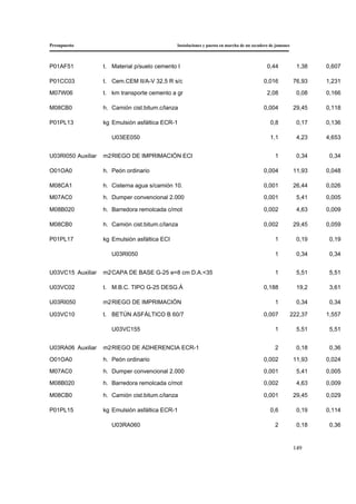 Presupuesto Instalaciones y puesta en marcha de un secadero de jamones
149
P01AF51 t. Material p/suelo cemento I 0,44 1,38 0,607
P01CC03 t. Cem.CEM II/A-V 32,5 R s/c 0,016 76,93 1,231
M07W06 t. km transporte cemento a gr 2,08 0,08 0,166
M08CB0 h. Camión cist.bitum.c/lanza 0,004 29,45 0,118
P01PL13 kg Emulsión asfáltica ECR-1 0,8 0,17 0,136
U03EE050 1,1 4,23 4,653
U03RI050 Auxiliar m2RIEGO DE IMPRIMACIÓN ECI 1 0,34 0,34
O01OA0 h. Peón ordinario 0,004 11,93 0,048
M08CA1 h. Cisterna agua s/camión 10. 0,001 26,44 0,026
M07AC0 h. Dumper convencional 2.000 0,001 5,41 0,005
M08B020 h. Barredora remolcada c/mot 0,002 4,63 0,009
M08CB0 h. Camión cist.bitum.c/lanza 0,002 29,45 0,059
P01PL17 kg Emulsión asfáltica ECI 1 0,19 0,19
U03RI050 1 0,34 0,34
U03VC15 Auxiliar m2CAPA DE BASE G-25 e=8 cm D.A.<35 1 5,51 5,51
U03VC02 t. M.B.C. TIPO G-25 DESG.Á 0,188 19,2 3,61
U03RI050 m2RIEGO DE IMPRIMACIÓN 1 0,34 0,34
U03VC10 t. BETÚN ASFÁLTICO B 60/7 0,007 222,37 1,557
U03VC155 1 5,51 5,51
U03RA06 Auxiliar m2RIEGO DE ADHERENCIA ECR-1 2 0,18 0,36
O01OA0 h. Peón ordinario 0,002 11,93 0,024
M07AC0 h. Dumper convencional 2.000 0,001 5,41 0,005
M08B020 h. Barredora remolcada c/mot 0,002 4,63 0,009
M08CB0 h. Camión cist.bitum.c/lanza 0,001 29,45 0,029
P01PL15 kg Emulsión asfáltica ECR-1 0,6 0,19 0,114
U03RA060 2 0,18 0,36
 