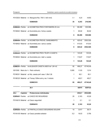 Presupuesto Instalaciones y puesta en marcha de un secadero de jamones
154
P31CE03 Material m. Manguera flex. 750 V. 4x6 mm2. 1,1 4,23 4,653
E28BA020 35 6,243 218,505
E28BA03 Partida ud ACOMETIDA PROV.FONTANERÍA 25 mm. 6 88,498 530,988
P31BA02 Material ud Acometida prov. fonta.a caseta 1 85,92 85,92
E28BA030 6 88,498 530,988
E28BA04 Partida ud ACOMETIDA PROVIS. SANEAMIENTO 6 425,42 2552,526
P31BA03 Material ud Acometida prov. sane.a caseta 1 413,03 413,03
E28BA040 6 425,42 2552,526
E28BA05 Partida ud ACOMETIDA PROV.TELÉF.A CASETA 1 123,26 123,26
P31BA04 Material ud Acometida prov. telef. a caseta 1 119,67 119,67
E28BA050 1 123,26 123,26
E28BC01 Partida msALQUILER CASETA ASEO de 1,84 m2 95 496,27 47145,46
O01OA0 Mano de h. Peón ordinario 0,085 11,93 1,014
P31BC01 Material ud Alq. caseta pref. aseo 1,36x1,36 1 60,1 60,1
P31BC22 Material ud Transp.150km.entr.y rec.1 módulo 1 420,7 420,7
E28BC010 95 496,27 47145,46
20.1 82975 82974,8
20.2 Capítulo Protecciones individuales 2532,7 2532,685
E28RA01 Partida ud CASCO DE SEGURIDAD 20 2,163 43,26
P31IA010 Material ud Casco seguridad 1 2,1 2,1
E28RA010 20 2,163 43,26
E28RA05 Partida ud PANTALLA CASCO SEGURIDAD SOLDAR 10 3,817 38,17
P31IA105 Material ud Casco pantalla soldador 0,2 18,53 3,706
 