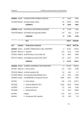 Presupuesto Instalaciones y puesta en marcha de un secadero de jamones
158
E28RSI0 Partida ud EQUIPO PARA TRABAJO VERTICAL 10 30,89 308,9
P31IS690 Material ud Equipo trabajo vertical 0,2 149,95 29,99
E28RSI010 10 30,89 308,9
E28RA04 Partida ud PANTALLA SEGURIDAD SOLDADOR 15 0,169 2,535
P31IA100 Material ud Pantalla mano seguridad soldador 0,2 0,82 0,164
E28RA040 15 0,169 2,535
20.2 2532,7 2532,685
20.3 Capítulo Protecciones colectivas 4457,8 4457,758
E28ES01 Partida ud SEÑAL TRIANGULAR L=70cm. I/SOPORTE 5 16,723 83,615
O01OA0 Mano de h. Ayudante 0,15 12,52 1,878
P31SV01 Material ud Señal triang. L=70 cm.reflex. EG 0,2 49,42 9,884
P31SV15 Material ud Caballete para señal D=60 L=90,70 0,2 22,37 4,474
E28ES010 5 16,723 83,615
E28ES02 Partida ud SEÑAL CUADRADA L=60cm.I/SOPORTE 5 20,145 100,725
O01OA0 Mano de h. Peón ordinario 0,2 11,93 2,386
P31SV02 Material ud Señal cuadrada L=60 0,2 55,5 11,1
P31SV05 Material ud Poste galvanizado 80x40x2 de 2 m 0,2 10,23 2,046
A03H060 Auxiliar m3HORMIGÓN H-100 kg/cm2 Tmáx.40 0,064 62,91 4,026
O01OA0 h. Peón ordinario 1,85 11,93 22,071
P01CC02 t. Cemento CEM II/A-P 32,5 0,225 82,94 18,662
P01AA03 t. Arena de río 0/6 mm. 0,7 9,05 6,335
P01AG06 t. Gravilla 20/40 mm. 1,4 10,43 14,602
P01DW0 m3Agua 0,16 0,63 0,101
M03HH0 h. Hormigonera 300 l. gasolina 0,5 2,28 1,14
 
