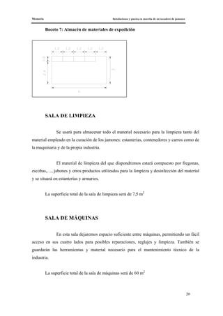 Memoria Instalaciones y puesta en marcha de un secadero de jamones
20
Boceto 7: Almacén de materiales de expedición
SALA DE LIMPIEZA
Se usará para almacenar todo el material necesario para la limpieza tanto del
material empleado en la curación de los jamones: estanterías, contenedores y carros como de
la maquinaria y de la propia industria.
El material de limpieza del que dispondremos estará compuesto por fregonas,
escobas,…, jabones y otros productos utilizados para la limpieza y desinfección del material
y se situará en estanterías y armarios.
La superficie total de la sala de limpieza será de 7,5 m2
SALA DE MÁQUINAS
En esta sala dejaremos espacio suficiente entre máquinas, permitiendo un fácil
acceso en sus cuatro lados para posibles reparaciones, reglajes y limpieza. También se
guardarán las herramientas y material necesario para el mantenimiento técnico de la
industria.
La superficie total de la sala de máquinas será de 60 m2
 