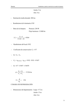 Memoria Instalaciones y puesta en marcha de un secadero de jamones
51
Ancho: 5 m
Alto: 8 m
- Iluminación media deseada: 200 lux
- Rendimiento de la luminaria: 0’85
- Datos de la lámpara: Potencia: 250 W
Flujo luminoso: 13.000 lm
( )
364'0.. =
+×
×
=
ALh
AL
LI
- Rendimiento del local: 0’82
- Coeficiente de conservación: Cc = 0’7
- K = Cc · Cu
- Cu = ηluminaria · ηlocal = 0’82 · 0’85 = 0’697
- K = 0’7 · 0’697 = 0’4879
lm
CC
SE
uc
Lm
934.17=
×
×
=φ
38'1==
p
N
φ
φ
CÁMARA DE REFRIGERACIÓN
- Dimensiones del departamento: Largo: 17’2 m
Ancho: 13 m
Alto: 8 m
 