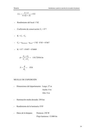 Memoria Instalaciones y puesta en marcha de un secadero de jamones
59
( )
23'1.. =
××
×
=
ALh
AL
LI
- Rendimiento del local: 1’02
- Coeficiente de conservación: Cc = 0’7
- K = Cc · Cu
- Cu = ηluminaria · ηlocal = 1’02 · 0’85 = 0’867
- K = 0’7 · 0’697 = 0’6069
lm
CC
SE
uc
Lm
64'726.110=
×
×
=φ
54'8==
p
N
φ
φ
MUELLE DE EXPEDICIÓN
- Dimensiones del departamento: Largo: 27 m
Ancho: 8 m
Alto: 8 m
- Iluminación media deseada: 250 lux
- Rendimiento de la luminaria: 0’85
- Datos de la lámpara: Potencia: 250 W
Flujo luminoso: 13.000 lm
 