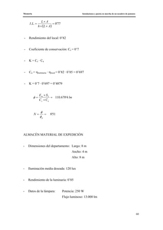 Memoria Instalaciones y puesta en marcha de un secadero de jamones
60
( )
77'0.. =
××
×
=
ALh
AL
LI
- Rendimiento del local: 0’82
- Coeficiente de conservación: Cc = 0’7
- K = Cc · Cu
- Cu = ηluminaria · ηlocal = 0’82 · 0’85 = 0’697
- K = 0’7 · 0’697 = 0’4879
lm
CC
SE
uc
Lm
4'678.110=
×
×
=φ
51'8==
p
N
φ
φ
ALMACÉN MATERIAL DE EXPEDICIÓN
- Dimensiones del departamento: Largo: 8 m
Ancho: 4 m
Alto: 8 m
- Iluminación media deseada: 120 lux
- Rendimiento de la luminaria: 0’85
- Datos de la lámpara: Potencia: 250 W
Flujo luminoso: 13.000 lm
 