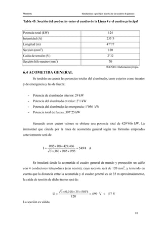 Memoria Instalaciones y puesta en marcha de un secadero de jamones
81
Tabla 45: Sección del conductor entre el cuadro de la Línea 4 y el cuadro principal
Potencia total (kW) 124
Intensidad (A) 235’5
Longitud (m) 47’77
Sección (mm2
) 120
Caída de tensión (V) 2’32
Sección hilo neutro (mm2
) 70
FUENTE: Elaboración propia
6.4 ACOMETIDA GENERAL
Se tendrán en cuenta las potencias totales del alumbrado, tanto exterior como interior
y de emergencia y las de fuerza:
- Potencia de alumbrado interior: 29 kW
- Potencia del alumbrado exterior: 2’1 kW
- Potencia del alumbrado de emergencia: 1’056 kW
- Potencia total de fuerza: 397’25 kW
Sumando estos cuatro valores se obtiene una potencia total de 429’406 kW. La
intensidad que circula por la línea de acometida general según las fórmulas empleadas
anteriormente será de:
A549'4
0'950'853803
429.4060'80'85
I =
×××
××
=
Se instalará desde la acometida el cuadro general de mando y protección un cable
con 4 conductores tetrapolares (con neutro), cuya sección será de 120 mm2
, y teniendo en
cuenta que la distancia entre la acometida y el cuadre general es de 35 m aproximadamente,
la caída de tensión de dicho tramo será de:
V7'5V99'4
120
549'4350,0183
U <=
×××
=
La sección es válida
 