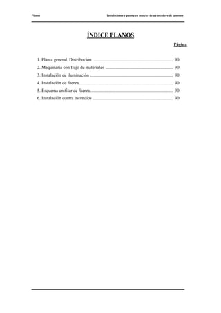 Planos Instalaciones y puesta en marcha de un secadero de jamones
ÍNDICE PLANOS
Página
1. Planta general. Distribución ....................................................................... 90
2. Maquinaria con flujo de materiales ............................................................ 90
3. Instalación de iluminación .......................................................................... 90
4. Instalación de fuerza.................................................................................... 90
5. Esquema unifilar de fuerza.......................................................................... 90
6. Instalación contra incendios ........................................................................ 90
 