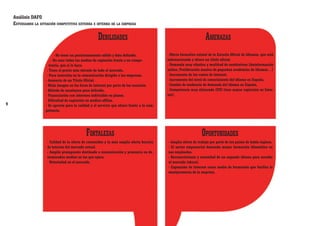 Análisis DAFO
Estudiamos la situación competitiva externa e interna de la empresa

Debilidades

11
9

Amenazas

- No tener un posicionamiento sólido y bien definido.
- No usar todos los medios de captación frente a su competencia, que sí lo hace.
- Tiene el precio más elevado de todo el mercado.
- Poca inversión en la comunicación dirigida a las empresas.
- Ausencia de un Título Oficial.
- Mala imagen en los foros de internet por parte de los usuarios.
- Método de enseñanza poco definido.
- Financiación con intereses indivisible en plazos.
- Dificultad de captación en medios offline.
- Se aprecia poco la calidad y el servicio que ofrece frente a la competencia.

- Oferta formativa estatal de la Escuela Oficial de Idiomas, que está
subvencionada y ofrece un título oficial.
- Demanda muy elástica y multitud de sustitutivos (Autoformación
online, Proliferación masiva de pequeñas academias de idiomas…)
- Incremento de los costes de Internet.
- Incremento del nivel de conocimiento del idioma en España.
- Cambio de tendencia de demanda del idioma en España.
- Competencia muy afianzada (CCC tiene mayor captación en Internet).

Fortalezas

Oportunidades

- Calidad de la oferta de contenidos y la más amplia oferta horaria
de tutorías del mercado actual.
- Amplio presupuesto destinado a comunicación y presencia en determinados medios en los que opera.
- Notoriedad en el mercado.

- Amplia oferta de trabajo por parte de los países de habla inglesa.
- El sector empresarial demanda mayor formación idiomática en
sus empleados.
- Reconocimiento y necesidad de un segundo idioma para acceder
al mercado laboral.
- Expansión de Internet como medio de formación que facilita la
omnipresencia de la empresa.

 