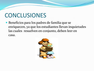 CONCLUSIONESBeneficios para los padres de familia que se enriquecen, ya que los estudiantes llevan inquietudes las cuales resuelven en conjunto, deben leer en casa.           