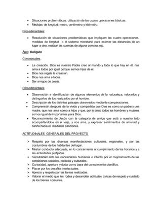  Situaciones problemáticas: utilización de las cuatro operaciones básicas.
 Medidas de longitud: metro, centímetro y kilómetro.
Procedimentales:
 Resolución de situaciones problemáticas que impliquen las cuatro operaciones,
medidas de longitud o el sistema monetario para estimar las distancias de un
lugar a otro, realizar las cuentas de alguna compra, etc.
Área: Religión
Conceptuales.
 La creación. Dios es nuestro Padre creo al mundo y todo lo que hay en él, nos
ama a todos por igual porque somos hijos de él.
 Dios nos regala la creación.
 Dios nos ama a todos.
 Ser amigos de Jesús.
Procedimentales:
 Observación e identificación de algunos elementos de la naturaleza, valorarlos y
distinguirlos de los realizados por el hombre.
 Descripción de los distintos paisajes observados mediante comparaciones.
 Comprensión después de lo vivido y compartido que Dios es como un padre y una
madre, que nos ama como a hijos y que, por lo tanto todos los hombres y mujeres
somos igual de importantes para Dios.
 Reconocimiento de Jesús con la categoría de amigo que está a nuestro lado
acompañándolos en el viaje, y nos ama, y expresar sentimientos de amistad y
cariño hacia él, mediante canciones.
ACTITUDINALES GENERALES DEL PROYECTO
 Respeto por las diversas manifestaciones culturales, regionales, y por las
costumbres de los habitantes del lugar.
 Mostar conducta adecuada, en lo concerniente al cumplimiento de los horarios y a
las actividades prefijadas.
 Sensibilidad ante las necesidades humanas e interés por el mejoramiento de las
condiciones sociales, políticas y culturales.
 Curiosidad, apertura y duda como base del conocimiento científico.
 Placer por los desafíos intelectuales.
 Aprecio y respeto por las tareas realizadas.
 Valorar el medio que les rodea y desarrollar actitudes cívicas de respeto y cuidado
de los bienes comunes.
 