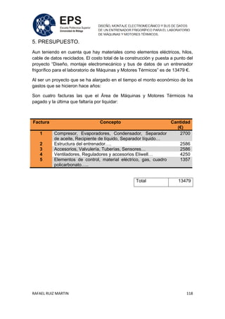 RAFAEL RUIZ MARTIN 118
5. PRESUPUESTO.
Aun teniendo en cuenta que hay materiales como elementos eléctricos, hilos,
cable de datos reciclados. El costo total de la construcción y puesta a punto del
proyecto “Diseño, montaje electromecánico y bus de datos de un entrenador
frigorífico para el laboratorio de Máquinas y Motores Térmicos” es de 13479 €.
Al ser un proyecto que se ha alargado en el tiempo el monto económico de los
gastos que se hicieron hace años:
Son cuatro facturas las que el Área de Máquinas y Motores Térmicos ha
pagado y la última que faltaría por liquidar:
Factura Concepto Cantidad
(€)
1 Compresor, Evaporadores, Condensador, Separador
de aceite, Recipiente de líquido, Separador líquido…
2700
2 Estructura del entrenador…. 2586
3 Accesorios, Valvulería, Tuberías, Sensores… 2586
4 Ventiladores, Reguladores y accesorios Eliwell… 4250
5 Elementos de control, material eléctrico, gas, cuadro
policarbonato…..
1357
Total 13479
 