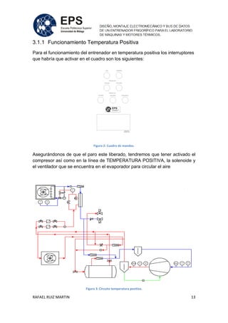 RAFAEL RUIZ MARTIN 13
3.1.1 Funcionamiento Temperatura Positiva
Para el funcionamiento del entrenador en temperatura positiva los interruptores
que habría que activar en el cuadro son los siguientes:
Figura 2: Cuadro de mandos.
Asegurándonos de que el paro este liberado, tendremos que tener activado el
compresor así como en la línea de TEMPERATURA POSITIVA, la solenoide y
el ventilador que se encuentra en el evaporador para circular el aire
Figura 3: Circuito temperatura positiva.
 