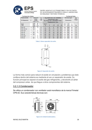 RAFAEL RUIZ MARTIN 18
Tabla 1: Datos separador de aceite.
Figura 9: Separador de aceite.
La forma más común para reducir el aceite en circulación y problemas que éste
conlleva dentro del sistema es mediante el uso un separador de aceite. Su
función principal es separar el aceite del gas refrigerante, y devolverlo al cárter
del compresor antes de que llegue a otros componentes del sistema.
3.2.1.3 Condensador
Se utiliza un condensador con ventilador axial monofásico de la marca Frimetal
CPN-42. Sus características técnicas son:
Figura 10: Unidad Condensadora.
 