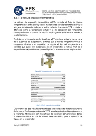 RAFAEL RUIZ MARTIN 28
3.2.1.16 Válvula expansión termostática
La válvula de expansión termostática (VET) controla el flujo de líquido
refrigerante que entra al evaporador manteniendo un valor constante del vapor
refrigerante sobrecalentado en la salida del este. La válvula VET controla la
diferencia entre la temperatura actual y la de saturación del refrigerante,
correspondiente a la presión de succión en el lugar del bulbo sensor, esto es el
recalentamiento.
Controlando el recalentamiento, la válvula VET mantiene activa la mayor parte
de la superficie de evaporación, evitando que el líquido refrigerante vuelva al
compresor. Gracias a su capacidad de regular el flujo del refrigerante a la
cantidad que puede ser evaporizada en el evaporador, la válvula VET es el
dispositivo de expansión ideal para refrigeración. Características según tabla 9.
Figura 23: Válvula expansión termostática.
Tabla 9: Válvula expansión termostática.
Disponemos de dos válvulas termostáticas una en la parte de temperatura fría
de la marca Danfoss con referencia TES2 y en la parte de refrigerado una con
la referencia TS2 las dos son dos válvulas de expansión convencionales donde
la diferencia radica en que la primera tiene un orificio para a inyección de
líquido en el evaporador.
 