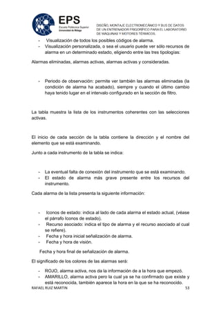 RAFAEL RUIZ MARTIN 53
- Visualización de todos los posibles códigos de alarma.
- Visualización personalizada, o sea el usuario puede ver sólo recursos de
alarma en un determinado estado, eligiendo entre las tres tipologías:
Alarmas eliminadas, alarmas activas, alarmas activas y consideradas.
- Periodo de observación: permite ver también las alarmas eliminadas (la
condición de alarma ha acabado), siempre y cuando el último cambio
haya tenido lugar en el intervalo configurado en la sección de filtro.
La tabla muestra la lista de los instrumentos coherentes con las selecciones
activas.
El inicio de cada sección de la tabla contiene la dirección y el nombre del
elemento que se está examinando.
Junto a cada instrumento de la tabla se indica:
- La eventual falta de conexión del instrumento que se está examinando.
- El estado de alarma más grave presente entre los recursos del
instrumento.
Cada alarma de la lista presenta la siguiente información:
- Iconos de estado: indica al lado de cada alarma el estado actual, (véase
el párrafo Iconos de estado).
- Recurso asociado: indica el tipo de alarma y el recurso asociado al cual
se refiere).
- Fecha y hora inicial señalización de alarma.
- Fecha y hora de visión.
Fecha y hora final de señalización de alarma.
El significado de los colores de las alarmas será:
- ROJO, alarma activa, nos da la información de a la hora que empezó.
- AMARILLO, alarma activa pero la cual ya se ha confirmado que existe y
está reconocida, también aparece la hora en la que se ha reconocido.
 