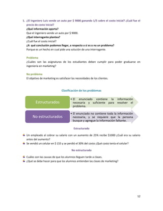 1. ¿El ingeniero Luis vende un auto por $ 9000 ganando 1/5 sobre el costo inicial? ¿Cuál fue el
precio de costo inicial?
¿Qué información aporta?
Que el ingeniero vende un auto por $ 9000.
¿Qué interrogante plantea?
¿Cuál fue el costo inicial?
¿A qué conclusión podemos llegar, a respecto a si es o no un problema?
Porque es un hecho en cual pide una solución de una interrogante.
Problema
¿Cuáles son las asignaturas de los estudiantes deben cumplir para poder graduarse en
ingeniería en marketing?
No problema
El objetivo de marketing es satisfacer las necesidades de los clientes.

Clasificación de los problemas

Estructurados

• El enunciado contiene la información
necesaria y suficiente para resolver el
problema.

No estructurados

• El enunciado no contiene toda la información
necesaria, y se requiere que la persona
busque y agregue la información faltante.
Estructurado

Un empleado al cobrar su salario con un aumento de 25% recibe $1000 ¿Cuál era su salario
antes del aumento?
Se vendió un celular en $ 155 y se perdió el 30% del costo ¿Qué costo tenía el celular?
No estructurado
Cuáles son las causas de que los alumnos lleguen tarde a clases.
¿Qué se debe hacer para que los alumnos entiendan las clases de marketing?

12

 