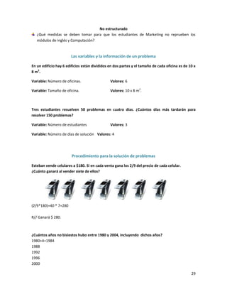 No estructurado
¿Qué medidas se deben tomar para que los estudiantes de Marketing no reprueben los
módulos de inglés y Computación?

Las variables y la información de un problema
En un edificio hay 6 edificios están divididos en dos partes y el tamaño de cada oficina es de 10 x
8 m2.
Variable: Número de oficinas.

Valores: 6

Variable: Tamaño de oficina.

Valores: 10 x 8 m2.

Tres estudiantes resuelven 50 problemas en cuatro días. ¿Cuántos días más tardarán para
resolver 150 problemas?
Variable: Número de estudiantes

Valores: 3

Variable: Número de días de solución Valores: 4

Procedimiento para la solución de problemas
Esteban vende celulares a $180. Si en cada venta gana los 2/9 del precio de cada celular.
¿Cuánto ganará al vender siete de ellos?

(2/9*180)=40 * 7=280
R// Ganará $ 280.

¿Cuántos años no bisiestos hubo entre 1980 y 2004, incluyendo dichos años?
1980+4=1984
1988
1992
1996
2000
29

 