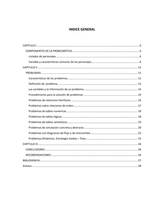 INDICE GENERAL

CAPITULO I .......................................................................................................................................... 6
COMPONENTES DE LA PROBLEMÁTICA .......................................................................................... 6
Listados de personajes ................................................................................................................ 6
Variable y características comunes de los personajes ................................................................ 6
CAPITULO II ....................................................................................................................................... 11
PROBLEMAS .................................................................................................................................. 11
Características de los problemas............................................................................................... 11
Definición de problema ............................................................................................................ 11
Las variables y la información de un problema ......................................................................... 13
Procedimiento para la solución de problemas ......................................................................... 14
Problemas de relaciones familiares .......................................................................................... 16
Problemas sobre relaciones de orden....................................................................................... 17
Problemas de tablas numéricas ................................................................................................ 18
Problemas de tablas lógicas ...................................................................................................... 18
Problemas de tablas semánticas ............................................................................................... 19
Problemas de simulación concreta y abstracta ........................................................................ 20
Problemas con Diagramas de flujo y de Intercambio ............................................................... 22
Problemas Dinámicos. Estrategia medios – fines ..................................................................... 23
CAPITULO III ...................................................................................................................................... 26
CONCLUSIONES ............................................................................................................................. 26
RECOMENDACIONES ..................................................................................................................... 26
BIBLIOGRAFIA .................................................................................................................................... 27
Anexos ............................................................................................................................................... 28

 