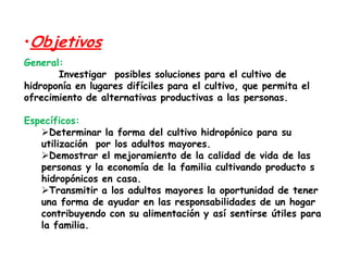 •Objetivos
General:
Investigar posibles soluciones para el cultivo de
hidroponía en lugares difíciles para el cultivo, que permita el
ofrecimiento de alternativas productivas a las personas.
Específicos:
Determinar la forma del cultivo hidropónico para su
utilización por los adultos mayores.
Demostrar el mejoramiento de la calidad de vida de las
personas y la economía de la familia cultivando producto s
hidropónicos en casa.
Transmitir a los adultos mayores la oportunidad de tener
una forma de ayudar en las responsabilidades de un hogar
contribuyendo con su alimentación y así sentirse útiles para
la familia.

 