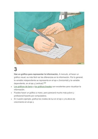 3
Haz un gráfico para representar la información. A menudo, al hacer un
gráfico visual, es más fácil ver las diferencias en la información. Por lo general,
la variable independiente se representa en el eje x (horizontal) y la variable
dependiente, en el eje y (vertical).[10]
 Los gráficos de barra y los gráficos lineales son excelentes para visualizar la
información.
 Puedes hacer un gráfico a mano, pero parecerá mucho más pulcro y
profesional hacerlo por computadora.
 En nuestro ejemplo, grafica los niveles de luz en el eje x y la altura de
crecimiento en el eje y.
 