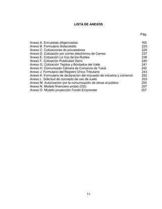 11
LISTA DE ANEXOS
Pág.
Anexo A. Encuestas diligenciadas 165
Anexo B. Formulario Sistecrédito 225
Anexo C. Cotizaciones de proveedores 229
Anexo D. Cotización por correo electrónico de Cemex 237
Anexo E. Cotización La Voz de los Robles 238
Anexo F. Cotización Publicidad Darío 240
Anexo G. Cotización Tejidos y Bordados del Valle 241
Anexo H. Comunicado Cámara de Comercio de Tuluá 242
Anexo J. Formulario del Registro Único Tributario 243
Anexo K. Formulario de declaración del impuesto de industria y comercio 252
Anexo L. Solicitud de concepto de uso de suelo 253
Anexo M. Autorización por la comunicación de obras al público 255
Anexo N. Modelo financiero propio (CD) 257
Anexo O. Modelo proyección Fondo Emprender 257
 