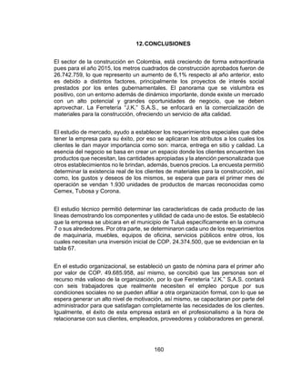 160
12.CONCLUSIONES
El sector de la construcción en Colombia, está creciendo de forma extraordinaria
pues para el año 2015, los metros cuadrados de construcción aprobados fueron de
26.742.759, lo que represento un aumento de 6,1% respecto al año anterior, esto
es debido a distintos factores, principalmente los proyectos de interés social
prestados por los entes gubernamentales. El panorama que se vislumbra es
positivo, con un entorno además de dinámico importante, donde existe un mercado
con un alto potencial y grandes oportunidades de negocio, que se deben
aprovechar. La Ferretería “J.K.” S.A.S., se enfocará en la comercialización de
materiales para la construcción, ofreciendo un servicio de alta calidad.
El estudio de mercado, ayudo a establecer los requerimientos especiales que debe
tener la empresa para su éxito, por eso se aplicaran los atributos a los cuales los
clientes le dan mayor importancia como son: marca, entrega en sitio y calidad. La
esencia del negocio se basa en crear un espacio donde los clientes encuentren los
productos que necesitan, las cantidades apropiadas y la atención personalizada que
otros establecimientos no le brindan, además, buenos precios. La encuesta permitió
determinar la existencia real de los clientes de materiales para la construcción, así
como, los gustos y deseos de los mismos, se espera que para el primer mes de
operación se vendan 1.930 unidades de productos de marcas reconocidas como
Cemex, Tubosa y Corona.
El estudio técnico permitió determinar las características de cada producto de las
líneas demostrando los componentes y utilidad de cada uno de estos. Se estableció
que la empresa se ubicara en el municipio de Tuluá específicamente en la comuna
7 o sus alrededores. Por otra parte, se determinaron cada uno de los requerimientos
de maquinaria, muebles, equipos de oficina, servicios públicos entre otros, los
cuales necesitan una inversión inicial de COP. 24.374.500, que se evidencian en la
tabla 67.
En el estudio organizacional, se estableció un gasto de nómina para el primer año
por valor de COP. 49.685.958, así mismo, se concibió que las personas son el
recurso más valioso de la organización, por lo que Ferretería “J.K.” S.A.S. contará
con seis trabajadores que realmente necesiten el empleo porque por sus
condiciones sociales no se pueden afiliar a otra organización formal, con lo que se
espera generar un alto nivel de motivación, así mismo, se capacitaran por parte del
administrador para que satisfagan completamente las necesidades de los clientes.
Igualmente, el éxito de esta empresa estará en el profesionalismo a la hora de
relacionarse con sus clientes, empleados, proveedores y colaboradores en general.
 