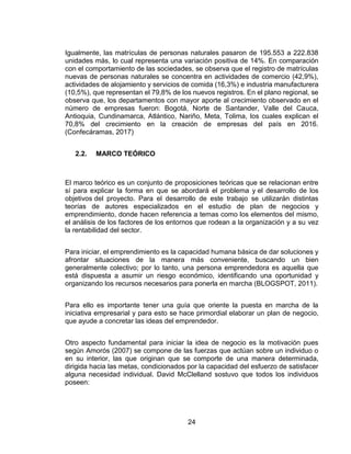 24
Igualmente, las matrículas de personas naturales pasaron de 195.553 a 222.838
unidades más, lo cual representa una variación positiva de 14%. En comparación
con el comportamiento de las sociedades, se observa que el registro de matrículas
nuevas de personas naturales se concentra en actividades de comercio (42,9%),
actividades de alojamiento y servicios de comida (16,3%) e industria manufacturera
(10,5%), que representan el 79,8% de los nuevos registros. En el plano regional, se
observa que, los departamentos con mayor aporte al crecimiento observado en el
número de empresas fueron: Bogotá, Norte de Santander, Valle del Cauca,
Antioquia, Cundinamarca, Atlántico, Nariño, Meta, Tolima, los cuales explican el
70,8% del crecimiento en la creación de empresas del país en 2016.
(Confecáramas, 2017)
2.2. MARCO TEÓRICO
El marco teórico es un conjunto de proposiciones teóricas que se relacionan entre
sí para explicar la forma en que se abordará el problema y el desarrollo de los
objetivos del proyecto. Para el desarrollo de este trabajo se utilizarán distintas
teorías de autores especializados en el estudio de plan de negocios y
emprendimiento, donde hacen referencia a temas como los elementos del mismo,
el análisis de los factores de los entornos que rodean a la organización y a su vez
la rentabilidad del sector.
Para iniciar, el emprendimiento es la capacidad humana básica de dar soluciones y
afrontar situaciones de la manera más conveniente, buscando un bien
generalmente colectivo; por lo tanto, una persona emprendedora es aquella que
está dispuesta a asumir un riesgo económico, identificando una oportunidad y
organizando los recursos necesarios para ponerla en marcha (BLOGSPOT, 2011).
Para ello es importante tener una guía que oriente la puesta en marcha de la
iniciativa empresarial y para esto se hace primordial elaborar un plan de negocio,
que ayude a concretar las ideas del emprendedor.
Otro aspecto fundamental para iniciar la idea de negocio es la motivación pues
según Amorós (2007) se compone de las fuerzas que actúan sobre un individuo o
en su interior, las que originan que se comporte de una manera determinada,
dirigida hacia las metas, condicionados por la capacidad del esfuerzo de satisfacer
alguna necesidad individual. David McClelland sostuvo que todos los individuos
poseen:
 