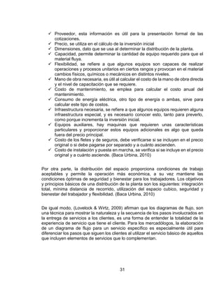31
 Proveedor, esta información es útil para la presentación formal de las
cotizaciones.
 Precio, se utiliza en el cálculo de la inversión inicial
 Dimensiones, dato que se usa al determinar la distribución de la planta.
 Capacidad, permite determinar la cantidad de equipo requerido para que el
material fluya.
 Flexibilidad, se refiere a que algunos equipos son capaces de realizar
operaciones y procesos unitarios en ciertos rangos y provocan en el material
cambios físicos, químicos o mecánicos en distintos niveles.
 Mano de obra necesaria, es útil al calcular el costo de la mano de obra directa
y el nivel de capacitación que se requiere.
 Costo de mantenimiento, se emplea para calcular el costo anual del
mantenimiento.
 Consumo de energía eléctrica, otro tipo de energía o ambas, sirve para
calcular este tipo de costos.
 Infraestructura necesaria, se refiere a que algunos equipos requieren alguna
infraestructura especial, y es necesario conocer esto, tanto para preverlo,
como porque incrementa la inversión inicial.
 Equipos auxiliares, hay maquinas que requieren unas características
particulares y proporcionar estos equipos adicionales es algo que queda
fuera del precio principal.
 Costo de los fletes y de seguros, debe verificarse si se incluyen en el precio
original o si debe pagarse por separado y a cuánto ascienden.
 Costo de instalación y puesta en marcha, se verifica si se incluye en el precio
original y a cuánto asciende. (Baca Urbina, 2010)
Por otra parte, la distribución del espacio proporciona condiciones de trabajo
aceptables y permite la operación más económica, a su vez mantiene las
condiciones óptimas de seguridad y bienestar para los trabajadores. Los objetivos
y principios básicos de una distribución de la planta son los siguientes: integración
total, mínima distancia de recorrido, utilización del espacio cubico, seguridad y
bienestar del trabajador y flexibilidad. (Baca Urbina, 2010)
De igual modo, (Lovelock & Wirtz, 2009) afirman que los diagramas de flujo, son
una técnica para mostrar la naturaleza y la secuencia de los pasos involucrados en
la entrega de servicios a los clientes, es una forma de entender la totalidad de la
experiencia de servicio que tiene el cliente. Para los mercadólogos, la elaboración
de un diagrama de flujo para un servicio específico es especialmente útil para
diferenciar los pasos que siguen los clientes al utilizar el servicio básico de aquellos
que incluyen elementos de servicios que lo complementan.
 