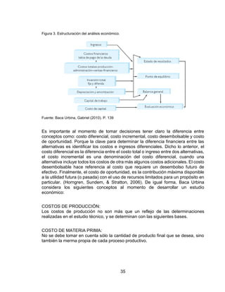 35
Figura 3. Estructuración del análisis económico.
Fuente: Baca Urbina, Gabriel (2010). P. 139
Es importante al momento de tomar decisiones tener claro la diferencia entre
conceptos como: costo diferencial, costo incremental, costo desembolsable y costo
de oportunidad. Porque la clave para determinar la diferencia financiera entre las
alternativas es identificar los costos e ingresos diferenciales. Dicho lo anterior, el
costo diferencial es la diferencia entre el costo total o ingreso entre dos alternativas,
el costo incremental es una denominación del costo diferencial, cuando una
alternativa incluye todos los costos de otra más algunos costos adicionales. El costo
desembolsable hace referencia al costo que requiere un desembolso futuro de
efectivo. Finalmente, el costo de oportunidad, es la contribución máxima disponible
a la utilidad futura (o pasada) con el uso de recursos limitados para un propósito en
particular. (Horngren, Sundem, & Stratton, 2006). De igual forma, Baca Urbina
considera los siguientes conceptos al momento de desarrollar un estudio
económico:
COSTOS DE PRODUCCIÓN:
Los costos de producción no son más que un reflejo de las determinaciones
realizadas en el estudio técnico, y se determinan con las siguientes bases.
COSTO DE MATERIA PRIMA:
No se debe tomar en cuenta sólo la cantidad de producto final que se desea, sino
también la merma propia de cada proceso productivo.
 