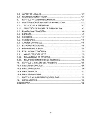 8
8.3. ASPECTOS LEGALES…………………..…………………..…………………127
8.4. GASTOS DE CONSTITUCIÓN…………………..………………………….. 131
9. CAPITULO IV. ESTUDIO ECONÓMICO ...................................................133
9.1. INVESTIGACIÓN DE FUENTES DE FINANCIACIÓN…………………….. 133
9.1.1. ESTUDIO DE ALTERNATIVAS ..............................................................142
9.1.2. SELECCIÓN DE FUENTE DE FINANCIACIÓN .....................................142
9.2. PLANEACIÓN FINANCIERA…………………..…………………………….. 146
9.3. EGRESOS…………………..…………………..…………………..………….. 147
9.4. INGRESOS…………………..…………………..…………………………….. 147
9.5. INVERSIONES…………………..…………………..………………………… 148
9.6. AJUSTES CONTABLES…………………..…………………..……………….148
9.7. ESTADOS FINANCIEROS…………………..…………………..…………….149
9.8. PUNTO DE EQUILIBRIO…………………..…………………..………………154
9.9. EVALUACIÓN ECONÓMICA…………………..……………………………...155
9.9.1. VALOR PRESENTE NETO ....................................................................155
9.9.2. TASA INTERNA DE RETORNO.............................................................155
9.9.3. TIEMPO DE RETORNO DE LA INVERSIÓN .........................................155
10. CAPITULO V. IMPACTO DEL PROYECTO ..............................................156
10.1. IMPACTO ECONÓMICO…………………..…………………..………………156
10.2. IMPACTO REGIONAL…………………..…………………..………………….156
10.3. IMPACTO SOCIAL…………………..…………………..…………………….. 157
10.4. IMPACTO AMBIENTAL…………………..…………………..……………….. 157
11. CAPÍTULO VI. ANÁLISIS DE SENSIBILIDAD ...........................................159
12. CONCLUSIONES ......................................................................................160
BIBLIOGRAFÍA....................................................................................................162
 
