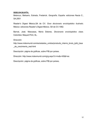 BIBLIOGRAFÍA.
Betancur, Belisario. Estrada, Frederick. Geografía. España: ediciones Nauta C.,
SA.2001

Reader’s Digest México,SA de CV. Gran diccionario enciclopédico ilustrado.
México: ediciones Reader’s Digest México. SA de CV.1982.

Barnat, José. Mascasas, María Dolores. Diccionario enciclopédico clase.
Colombia: Maquet Print, SL.

Dirección:
http://www.indexmundi.com/es/estados_unidos/producto_interno_bruto_(pib)_tasa
_de_crecimiento_real.html

Descripción: página de gráficas, sobre PIB por países.

Dirección: http://www.indexmundi.com/g/g.aspx?c=mx&v=65&l=es

Descripción: página de gráficas, sobre PIB por países.




                                                                             12
 