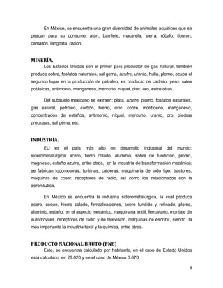 En México, se encuentra una gran diversidad de animales acuáticos que se
pescan para su consumo, atún, barrilete, macarela, sierra, róbalo, tiburón,
camarón, langosta, ostión.


MINERÍA.
       Los Estados Unidos son el primer país productor de gas natural, también
produce cobre, fosfatos naturales, sal gema, azufre, uranio, hulla, plomo, ocupa el
segundo lugar en la producción de petróleo, es producto de cadmio, yeso, sales
potásicas, antimonio, manganeso, mercurio, níquel, cinc, oro, entre otros.

       Del subsuelo mexicano se extraen; plata, azufre, plomo, fosfatos naturales,
gas natural, petróleo, carbón, hierro, cinc, cobre, molibdeno, manganeso,
concentrados de estaños, antimonio, níquel, mercurio, uranio, oro, piedras
preciosas, sal gema, etc.


INDUSTRIA.
       EU   es    el   país   más   alto   en   desarrollo      industrial   del   mundo;
siderometalúrgica: acero, fierro colado, aluminio, sobre de fundición, plomo,
magnesio, estaño azufre, entre otros, en la industria de transformación mecánica;
se fabrican locomotoras, turbinas, calderas, maquinaria de todo tipo, tractores,
máquinas de coser, receptores de radio, así como los relacionados con la
aeronáutica.

       En México se encuentra la industria siderometalúrgica, la cual produce
acero, coque, hierro colado, ferroaleaciones, cobre fundido y refinado, plomo,
aluminio, estaño, en el aspecto mecánico, maquinaria textil, ferroviario, montaje de
automóviles, receptores de radio y de televisión, máquinas de escribir, siendo la
más importante la industria textil y la química, entre otros.


PRODUCTO NACIONAL BRUTO (PNB)
       Este, se encuentra calculado por habitante, en el caso de Estado Unidos
está calculado en 28.020 y en el caso de México 3.670

                                                                                        8
 