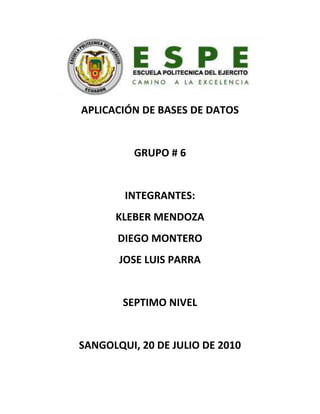 APLICACIÓN DE BASES DE DATOS <br />GRUPO # 6<br />INTEGRANTES:<br />KLEBER MENDOZA<br />DIEGO MONTERO<br />JOSE LUIS PARRA<br />SEPTIMO NIVEL<br />SANGOLQUI, 20 DE JULIO DE 2010<br />INTRODUCCION<br />La replicación te permite tener una copia exacta de una base de datos alojada en un servidor (maestro) que se guardará en otro servidor (esclavo). Todas las modificaciones que se hagan en la base de datos del servidor maestro se actualizarán inmediatamente en el servidor esclavo.<br />Esto no es una copia de seguridad, ya que si borramos una fila en la base de datos maestra, también se borrará en la base de datos esclava.<br />DESARROLLO<br />Instalación de Oracle Express Edition<br />                   El programa de instalación nos muestra la pantalla de bienvenida para la instalación, en este momento tenemos que dar click en siguiente.<br />          Aceptamos los términos y condiciones del programa y pulsamos siguiente, en seguida seleccionamos la ubicación de los archivos de instalación, si queremos instalarlos en otra ubicación podemos seleccionarla pulsando el botón  Examinar, después de esto pulsamos siguiente.<br /> <br />CREAMOS UN USUARIO Y LE DAMOS PERMISOS CON EL SIGUIENTE COMANDO<br />GRANT ALL PRIVILEGES TO DIEGO WITH ADMIN OPTION;<br />LUEGO CONFIGURAMOS UN ENLACE CON CADA MAQUINA CON LAS RESPECTIVAS DIRECCIONES IP<br />CREATE DATABASE LINK REPLICA<br />CONNECT TO DIEGO IDENTIFIED BY “DIEGO”<br />USING<br />‘(DESCRIPTION =<br />(ADDRESS_LIST =<br />(ADDRESS = (PROTOCOL = TCP)<br />(HOST = 192.168.1.4)<br />(PORT = 1521))<br />)<br />(CONNECT_DATA =<br />(SERVICE_NAME = XE)<br />)<br />)’;   <br />CREATE DATABASE LINK REPLICA<br />CONNECT TO JUAN IDENTIFIED BY “JUAN”<br />USING<br />‘(DESCRIPTION =<br />(ADDRESS_LIST =<br />(ADDRESS = (PROTOCOL = TCP)<br />(HOST = 192.168.1.3)<br />(PORT = 1521))<br />)<br />(CONNECT_DATA =<br />(SERVICE_NAME = XE)<br />)<br />)’;<br />CREAMOS LA TABLA CON LA CUAL VAMOS A TRABAJAR<br />CREATE TABLE usuarios(cedula int PRIMARY KEY,nombre varchar2(100),apellido varchar2(100),email varchar2(100));<br />PARA LA REPLICACION UTILIZAMOS UN TRIGGER EL CUAL ACTUALICE NUESTRA INFORMACION DEL SERVIDOR AL CLIENTE<br />CREATE OR REPLACE trigger disp<br />after insert or delete or update on usuario<br />declare cursor mostrar is<br />select * from usuario;<br />v_cedula usuario.cedula%type;<br />v_nombre usuario.nombre%type;<br />v_apellido usuario.apellido%type;<br />v_email usuario.email%type;<br />BEGIN<br />DELETE FROM usuario@replica;<br />OPEN mostrar;<br />LOOP<br />FETCH mostrar INTO v_cedula, v_nombre, v_apellido, v_email;<br />EXIT WHEN mostrar%NOTFOUND;<br />INSERT INTO usuario@replica(cedula,nombre,apellido,email)<br />VALUES (v_cedula, v_nombre, v_apellido, v_email);<br />END LOOP;<br />CLOSE mostrar;<br />END disp;<br />AHORA REALIZAREMOS UNA CONSULTA DESDE EL SERVIDOR  USANDO LOS ENLACES, QUEDANDO DE LA SIGUIENTE MANERA:<br />SELECT * FROM USUARIOS@REPLICA;<br />Como podemos observar la consulta funciona es decir que podemos consultar objetos desde el servidor, ahora crearemos en el cliente, una tabla del mismo nombre para la replicación de la tabla USUARIOS<br />Esta tabla guardara los datos cambiados y actualizara de manera instantánea todas las replicas de la tabla USUARIOS como vemos a continuación.<br />CONCLUSION<br />En esta práctica aprendimos a hacer una replicación de una tabla en oracle usando un servidor y un cliente uno que es el servidor que tiene la tabla a replicar USUARIOS y un cliente  el cual puede tener los datos de la tabla para consultar, cabe señalar que es de solo lectura, debido a que es una instantánea, también configuramos los accesos de los servidores mediante el enlace REPLICA lo que nos daba como resultado la comunicación entre ambos y logrando así poder generar el enlace de base de datos entre ellos. Teniendo la posibilidad de realizar consultas distribuidas entre los servidores. Finalizando en la creación de la tabla de USUARIOS para poder consultar los datos replicados de manera local.<br />