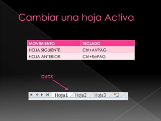 MOVIMIENTO       TECLADO
HOJA SIGUIENTE   Ctrl+AVPAG
HOJA ANTERIOR    Ctrl+RePAG
 