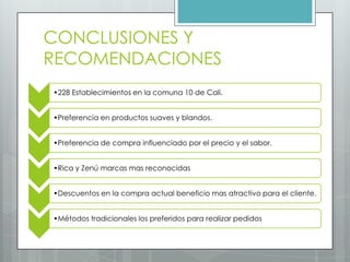CONCLUSIONES Y
RECOMENDACIONES
•228 Establecimientos en la comuna 10 de Cali.


•Preferencia en productos suaves y blandos.


•Preferencia de compra influenciado por el precio y el sabor.


•Rica y Zenú marcas mas reconocidas


•Descuentos en la compra actual beneficio mas atractivo para el cliente.


•Métodos tradicionales los preferidos para realizar pedidos
 