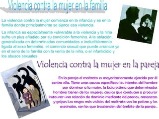 La violencia contra la mujer comienza en la infancia y es en la
familia donde principalmente se ejerce esa violencia.
La infancia es especialmente vulnerable a la violencia y la niña
sufre un plus añadido por su condición femenina. A la ablación,
generalizada en determinadas comunidades e ineludiblemente
ligada al sexo femenino, el comercio sexual que puede arrancar ya
en el seno de la familia con la venta de la niña, o el infanticidio y
los abusos sexuales




                                 En la pareja el maltrato es mayoritariamente ejercido por él
                             contra ella. Tiene unas causas específicas: los intentos del hombre
                                    por dominar a la mujer, la baja estima que determinados
                              hombres tienen de las mujeres; causas que conducen a procurar
                           instaurar una relación de dominio mediante desprecios, amenazas
                              y golpes Los rasgos más visibles del maltrato son las palizas y los
                                  asesinatos, son los que trascienden del ámbito de la pareja .
 