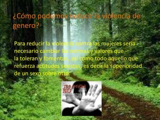¿Cómo podemos reducir la violencia de
genero?

Para reducir la violencia contra las mujeres sería
necesario cambiar las normas y valores que
la toleran y fomentan, así como todo aquello que
refuerza actitudes sexistas, es decir la superioridad
de un sexo sobre otro.
 