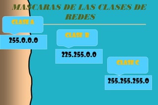 CLASE A

             CLASE B
255.0.0.0

            225.255.0.0
                            CLASE C

                          255.255.255.0
 