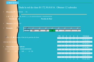 Redes tipo B


                        Dada la red de clase B 172.30.0.0/16. Obtener 12 subredes
•     Dirección IP: 172.30.0.0   / 16

      1 0 1 0 1 1 0 0 . 0 0 0 1 1 1 1 0. 0 0 0 0 0 0 0 0 . 0 0 0 0 0 0 0 0
          Porción de red                                Porción de Host

•     Mascara: 255.255.0.0

•     Formula:



                                                                             170   30   0   0   0   0    170.30.0.0
     = 16 > 12  Tenemos 4 bits de la porción de Host.                                  0   0   0   1   170.30.16.0
                                                                                        0   0   1   0   170.30.32.0
128+64+32+16=240                                                                        0   0   1   1   170.30.48.0
                                                                                        0   1   0   0   170.30.64.0
                                                                                        0   1   0   1   170.30.80.0
•     Nueva Mascara de subred
                                                                                        0   1   1   0   170.30.96.0
    11111111.11111111. 11110000.00000000                                                0   1   1   1   170.30.112.0
       255 .      255 . 240 .        0 / 20                                             1   0   0   0   170.30.128.0
                                                                                        1   0   0   1   170.30.144.0
                                                                                        1   0   1   0   170.30.160.0
                                                                                        1   0   1   1   170.30.176.0
                                                                                        1   1   0   0   170.30.192.0
 