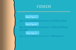 VIDEOS

        Red Tipo A
• http://www.youtube.com/watch?v=mUWDEVx28eM
          Red Tipo B
• http://www.youtube.com/watch?v=2sffXq5A9SA&feat
  ure=plcp
          Red Tipo C
• http://www.youtube.com/watch?v=0ShDdppYKVc
 
