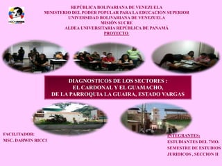 REPÚBLICA BOLIVARIANA DE VENEZUELA
               MINISTERIO DEL PODER POPULAR PARA LA EDUCACION SUPERIOR
                        UNIVERSIDAD BOLIVARIANA DE VENEZUELA
                                     MISIÓN SUCRE
                       ALDEA UNIVERSITARIA REPÚBLICA DE PANAMÁ
                                      PROYECTO




                         DIAGNOSTICOS DE LOS SECTORES :
                           EL CARDONAL Y EL GUAMACHO,
                    DE LA PARROQUIA LA GUAIRA, ESTADO VARGAS




FACILITADOR:                                                 INTEGRANTES:
MSC. DARWIN RICCI                                            ESTUDIANTES DEL 7MO.
                                                             SEMESTRE DE ESTUDIOS
                                                             JURIDICOS , SECCION II
 