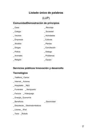 Listado único de palabras
                                   (LUP)
ComunidadDemostración de principios
_ Casa                              _ Reciclaje

_ Colegio                           _ Sociedad

_ Vecinos                           _ Actividades

_ Empresas                         _ Culturas

_ Alcaldía                          _ Plantas

_ Drogas                            _ Conciliación

_ Policía                           _ Diálogo

_ Animales                          _ Problemas

_ Religión                          _ Equipo



Servicios públicos Innovación y desarrollo
Tecnológico
_ Teléfono_ Carros

_ Internet _ Aviones

_ Hospitales _ Mp3

_ Funerales     _ Aeropuerto

_ Factura     _ Videojuego

_ Energía_ Economía

_ Beneficios                        _ Electricidad

_ Discotecas _ Electrodomésticos

_ Licores _ IPod

_ Taxis _Robots




                                                     2
 