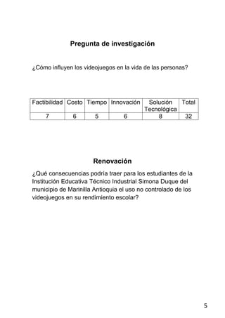 Pregunta de investigación


¿Cómo influyen los videojuegos en la vida de las personas?




Factibilidad Costo Tiempo Innovación      Solución   Total
                                         Tecnológica
     7         6       5          6          8        32




                      Renovación
¿Qué consecuencias podría traer para los estudiantes de la
Institución Educativa Técnico Industrial Simona Duque del
municipio de Marinilla Antioquia el uso no controlado de los
videojuegos en su rendimiento escolar?




                                                               5
 