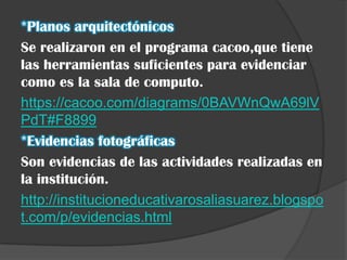 *Planos arquitectónicos
Se realizaron en el programa cacoo,que tiene
las herramientas suficientes para evidenciar
como es la sala de computo.
https://cacoo.com/diagrams/0BAVWnQwA69lV
PdT#F8899
*Evidencias fotográficas
Son evidencias de las actividades realizadas en
la institución.
http://institucioneducativarosaliasuarez.blogspo
t.com/p/evidencias.html
 