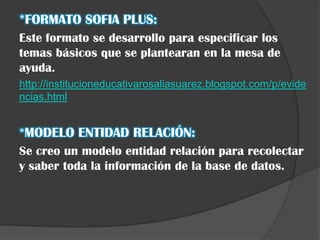 *FORMATO SOFIA PLUS:
Este formato se desarrollo para especificar los
temas básicos que se plantearan en la mesa de
ayuda.
http://institucioneducativarosaliasuarez.blogspot.com/p/evide
ncias.html


*MODELO ENTIDAD RELACIÓN:
Se creo un modelo entidad relación para recolectar
y saber toda la información de la base de datos.
 