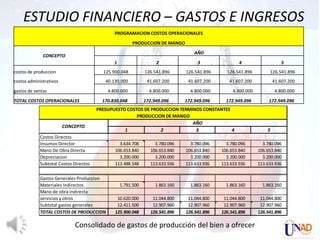 ESTUDIO FINANCIERO – GASTOS E INGRESOS
                                               PROGRAMACION COSTOS OPERACIONALES
                                                        PRODUCCION DE MANGO
                                                                                   AÑO
              CONCEPTO
                                               1                    2               3                4                   5
costos de produccion                      125.900.048          126.541.896     126.541.896     126.541.896         126.541.896
costos administrativos                     40.130.000           41.607.200      41.607.200      41.607.200            41.607.200
gastos de ventas                            4.800.000            4.800.000       4.800.000        4.800.000           4.800.000
TOTAL COSTOS OPERACIONALES                170.830.048          172.949.096     172.949.096     172.949.096         172.949.096
                                        PRESUPUESTO COSTOS DE PRODUCCION TERMINOS CONSTANTES
                                                        PRODUCCION DE MANGO
                                                                              AÑO
                         CONCEPTO
                                                   1             2             3             4                    5
             Costos Directos
             Insumos Director                    3.634.708         3.780.096     3.780.096     3.780.096        3.780.096
             Mano De Obra Directa              106.653.840       106.653.840   106.653.840   106.653.840      106.653.840
             Depreciacion                        3.200.000         3.200.000     3.200.000     3.200.000        3.200.000
             Subtotal Costos Directos          113.488.548       113.633.936   113.633.936   113.633.936      113.633.936

             Gastos Generales Produccion
             Materiales Indirectos                 1.791.500       1.863.160     1.863.160     1.863.160        1.863.160
             Mano de obra indirecta                                      -             -             -                -
             servicios y otros                  10.620.000        11.044.800    11.044.800    11.044.800       11.044.800
             Subtotal gastos generales          12.411.500        12.907.960    12.907.960    12.907.960       12.907.960
             TOTAL COSTOS DE PRODUCCION        125.900.048       126.541.896   126.541.896   126.541.896      126.541.896

                             Consolidado de gastos de producción del bien a ofrecer
 