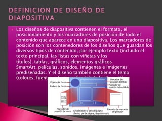    Los diseños de diapositiva contienen el formato, el
    posicionamiento y los marcadores de posición de todo el
    contenido que aparece en una diapositiva. Los marcadores de
    posición son los contenedores de los diseños que guardan los
    diversos tipos de contenido, por ejemplo texto (incluido el
    texto principal, las listas con viñetas y los
    títulos), tablas, gráficos, elementos gráficos
    SmartArt, películas, sonidos, imágenes e imágenes
    prediseñadas. Y el diseño también contiene el tema
    (colores, fuentes, efectos y fondo) de la diapositiva.
 