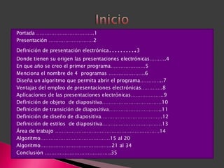 Portada ……………………………..1
Presentación ………………………2

Definición de presentación electrónica   ……….3
Donde tienen su origen las presentaciones electrónicas……….4
En que año se creo el primer programa…………………5
Menciona el nombre de 4 programas ………………….6
Diseña un algoritmo que permita abrir el programa…………..7
Ventajas del empleo de presentaciones electrónicas………….8
Aplicaciones de las presentaciones electrónicas………………..9
Definición de objeto de diapositiva………………………………10
Definición de transición de diapositiva…………………………..11
Definición de diseño de diapositiva……………………………….12
Definición de estilos de diapositiva………………………………13
Área de trabajo ………………………………………………………14
Algoritmo……………………………………15 al 20
Algoritmo…………………………………….21 al 34
Conclusión ………………………………….35
 