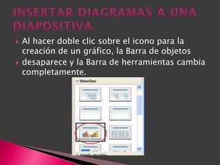    Al hacer doble clic sobre el icono para la
    creación de un gráfico, la Barra de objetos
   desaparece y la Barra de herramientas cambia
    completamente.
 