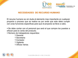 FI-GQ-GCMU-004-015 V. 001-17-04-2013
NECESIDADES DE RECURSO HUMANO
El recurso humano es sin duda el elemento mas importante en cualquier
proyecto o proceso que se realice es por ende que este debe cumplir
con unas funciones especificas para que el proyecto se lleve a cabo.
 Se debe contar con el personal que será el que compre los puestos a
ofrecer para la venta del producto.
 Número de trabajadores requeridos:
1 Gerente
1 Secretaria
1 Contador
1 Vigilante
1 Oficios Varios
 
